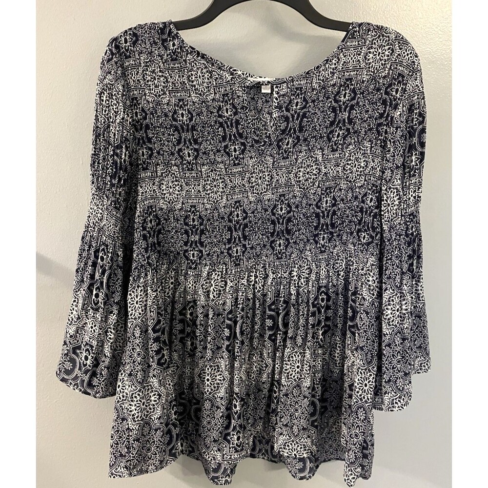 Floral & Ivy Womens Boho Peasant Flowy Bell Sleeves Blue Floral Blouse Med
